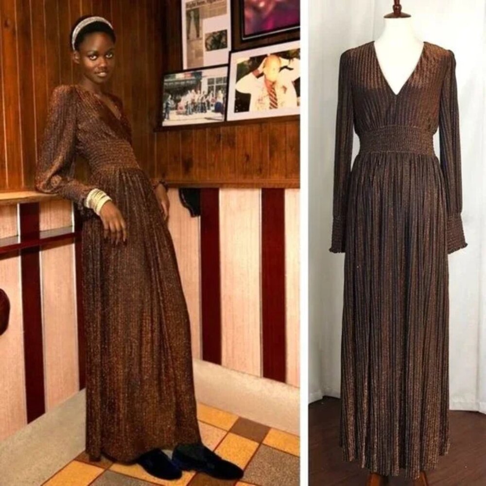 Boden Metallic Pleated V Neck Jersey Maxi Dress Holiday Copper Gold Trendy